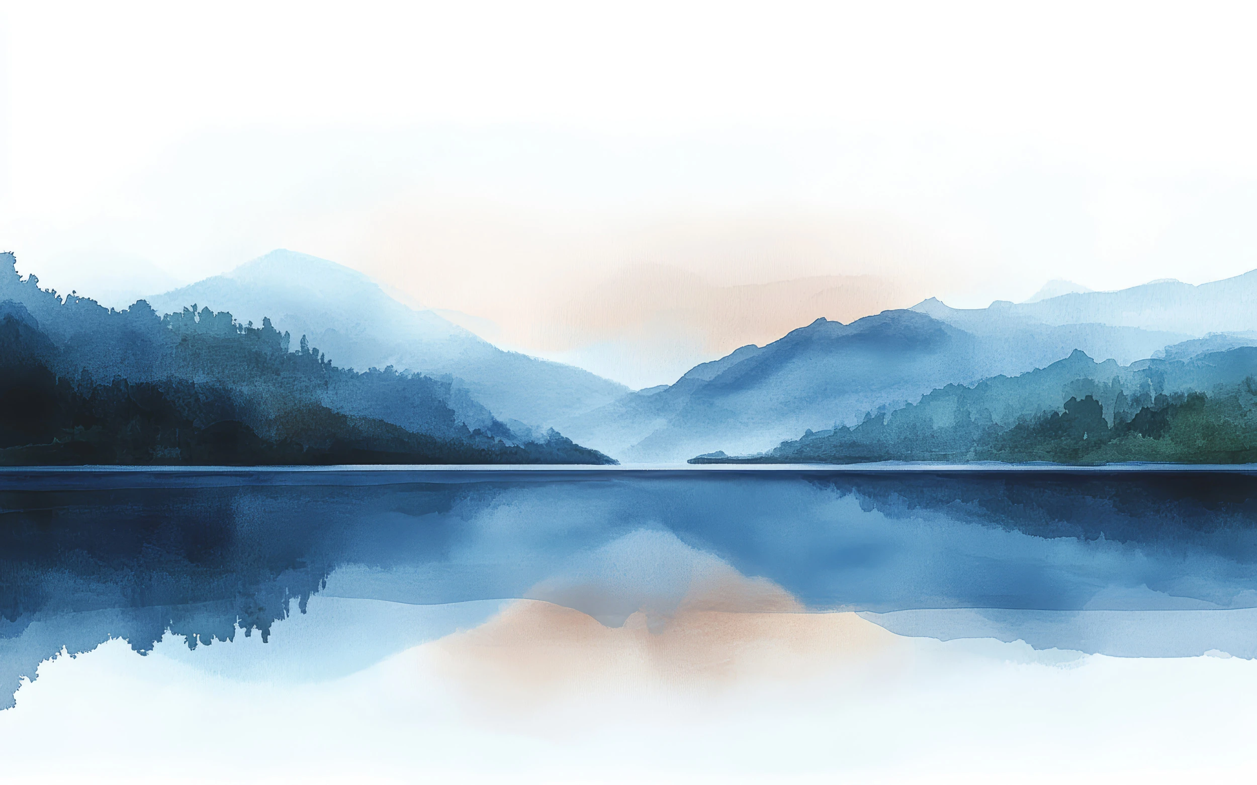 Paysage montagneux bleu avec reflets sur lac paisible et brume