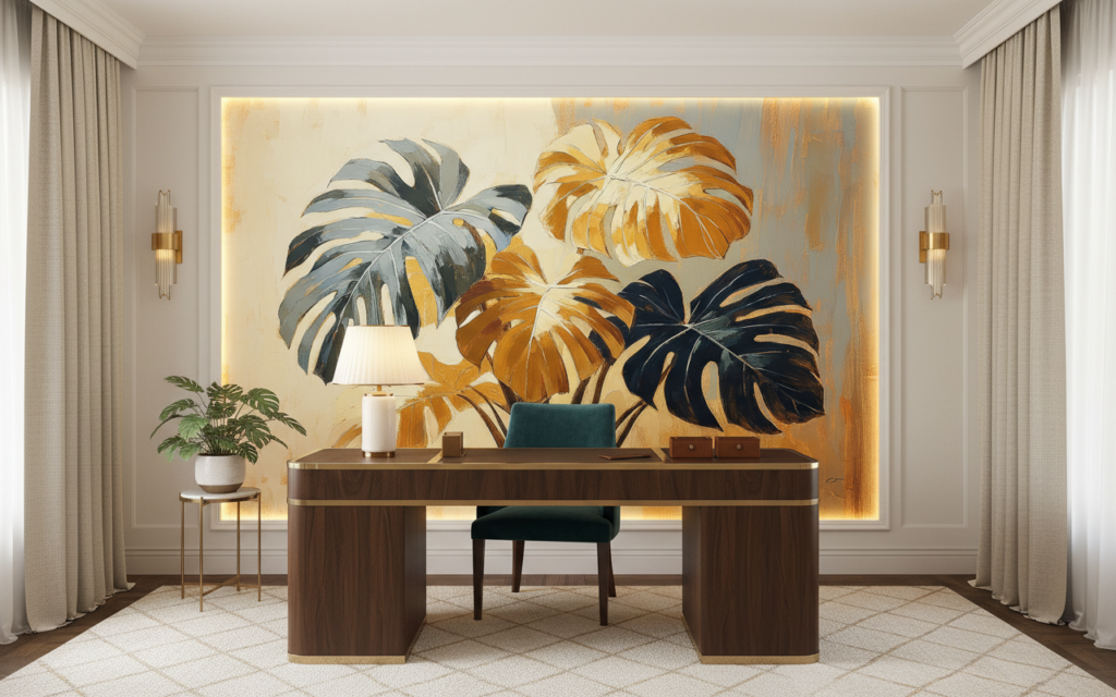 Papier peint tropical monstera aux teintes dorées et bleues - Bureau