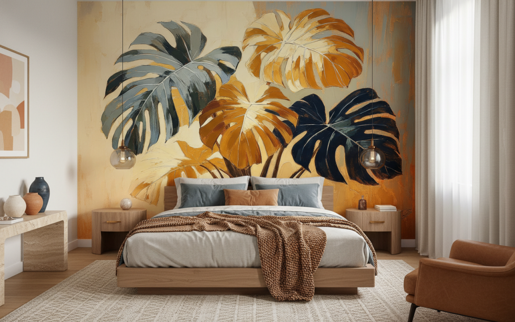 Papier peint tropical monstera aux teintes dorées et bleues - Chambre adulte