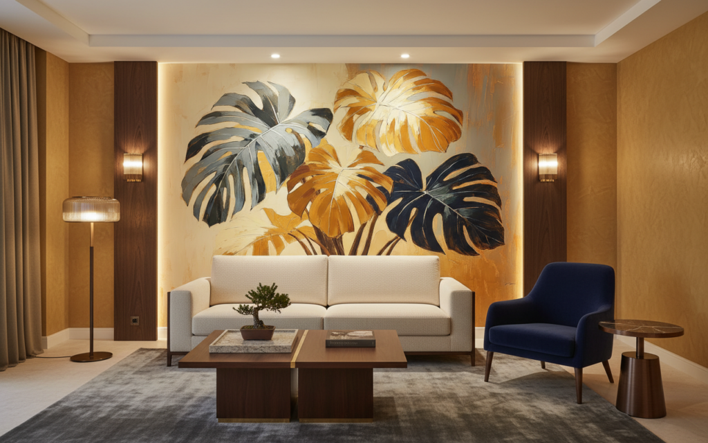 Papier peint tropical monstera aux teintes dorées et bleues - Hôtel