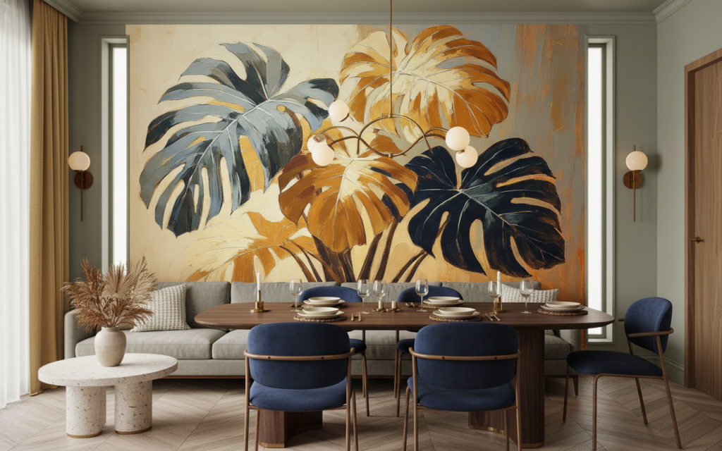Papier peint tropical monstera aux teintes dorées et bleues - Restaurant