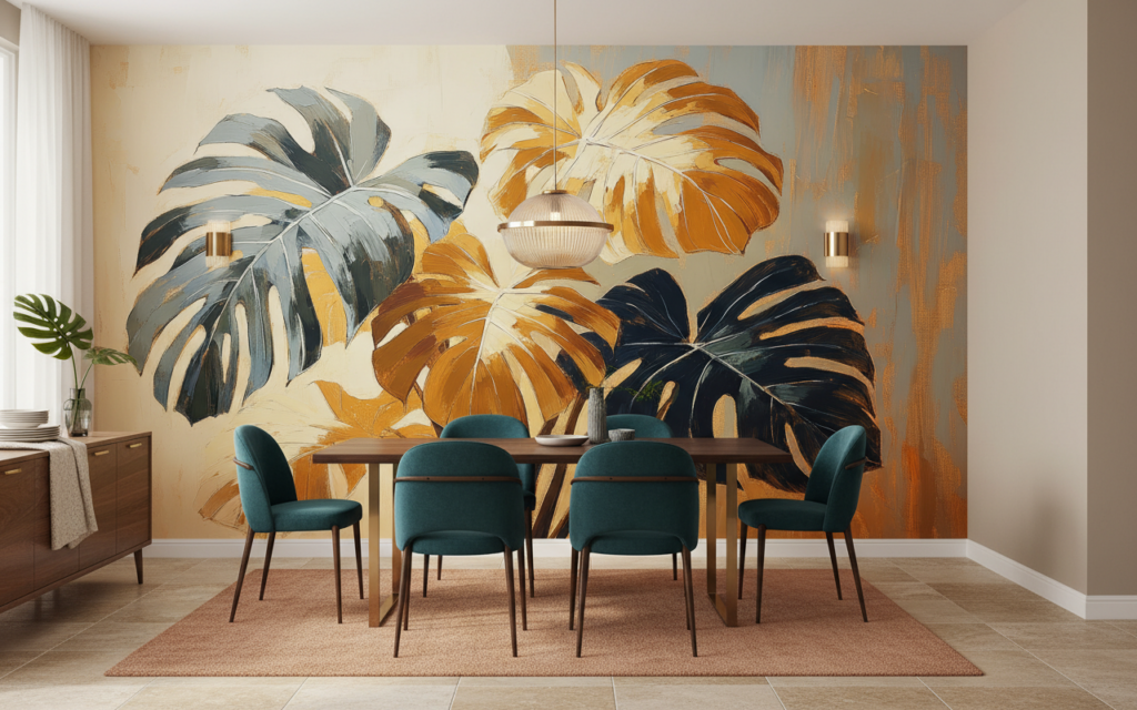 Papier peint tropical monstera aux teintes dorées et bleues - Salle à manger