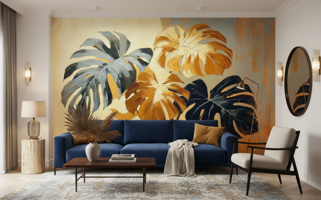 Papier peint tropical monstera aux teintes dorées et bleues - Salon / Séjour