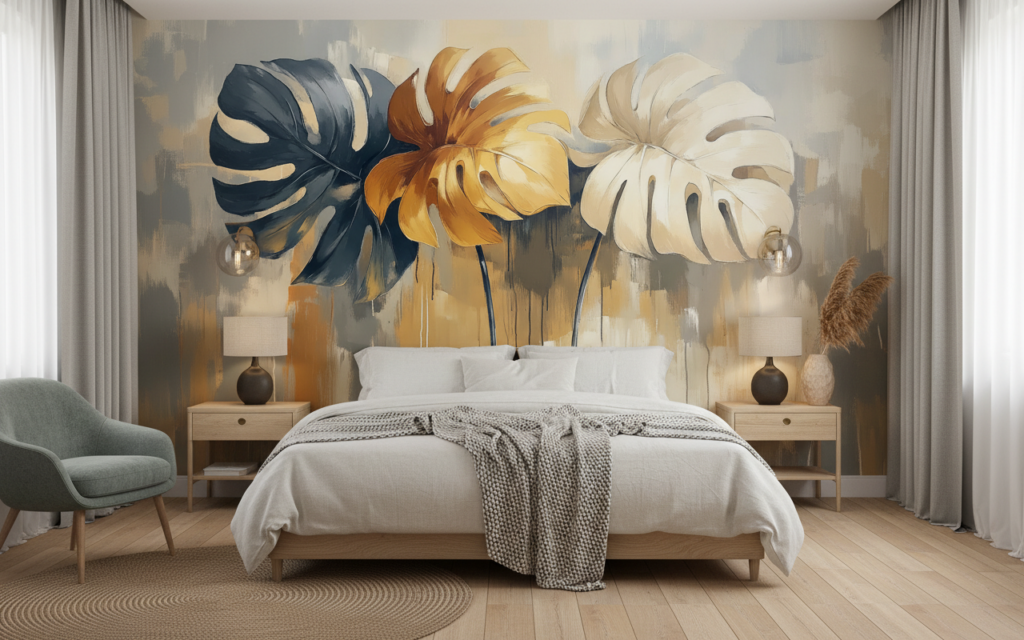 Papier Peint Tropical Monstera Délicata aux Tons Dorés et Bleus - Chambre adulte