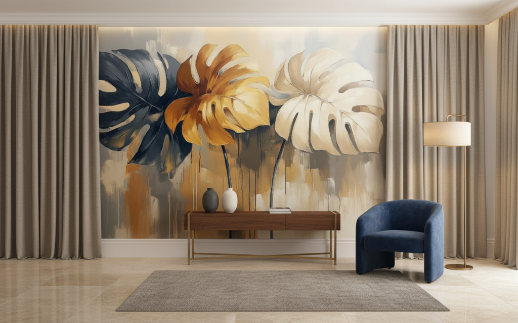 Papier Peint Tropical Monstera Délicata aux Tons Dorés et Bleus - Hôtel