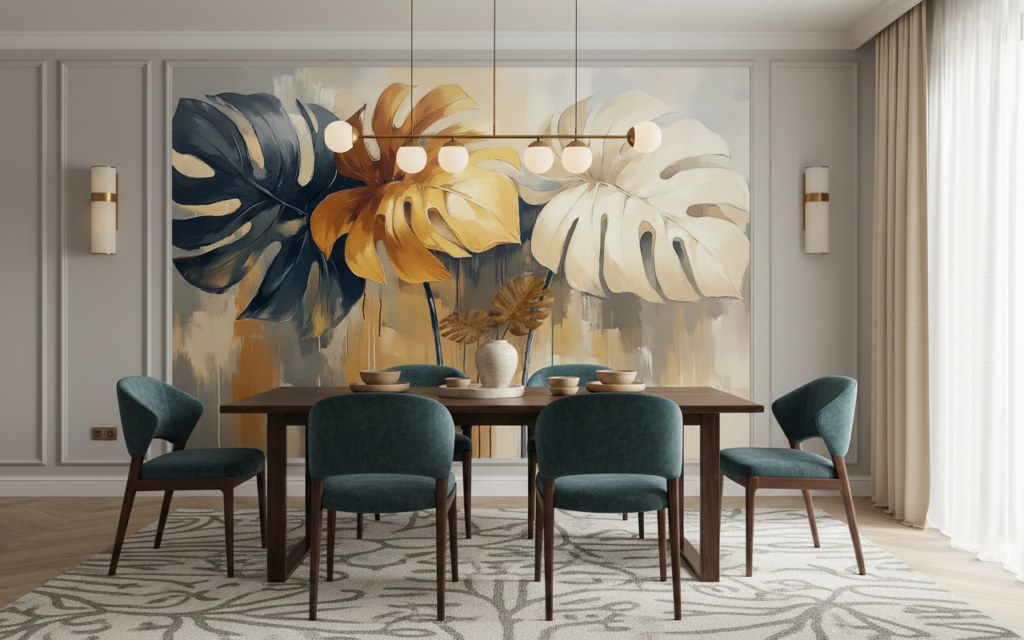 Papier Peint Tropical Monstera Délicata aux Tons Dorés et Bleus - Salle à manger