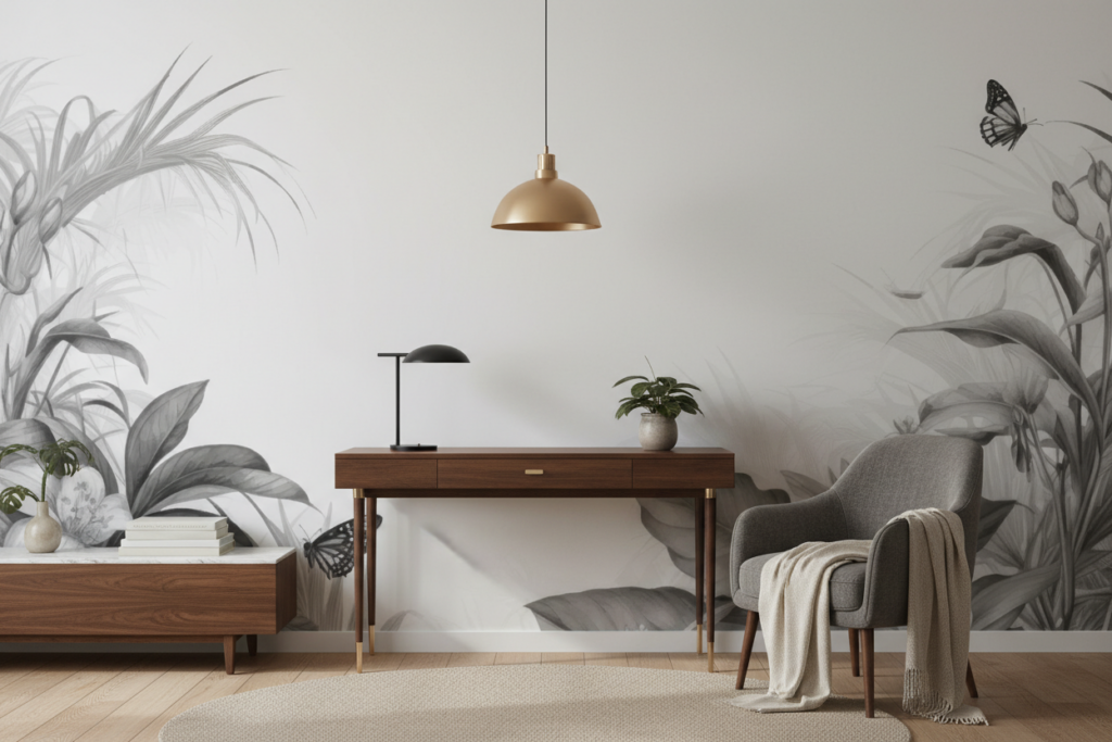 Papier peint tropical noir et blanc avec papillons et végétation luxuriante - Bureau