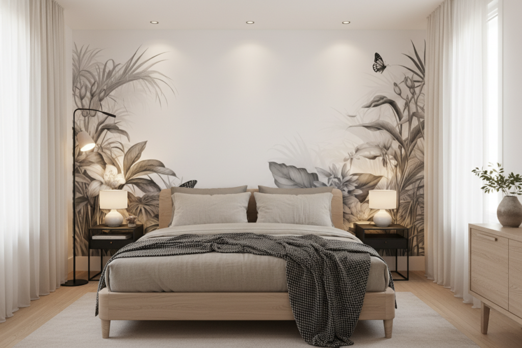 Papier peint tropical noir et blanc avec papillons et végétation luxuriante - Chambre adulte