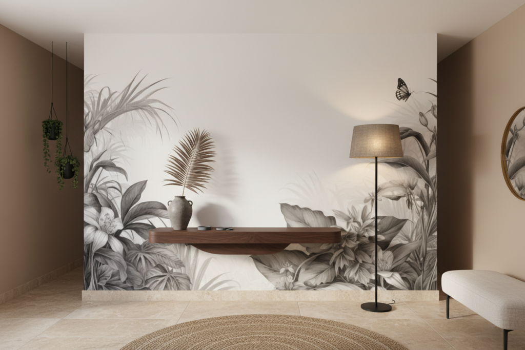 Papier peint tropical noir et blanc avec papillons et végétation luxuriante - Entrée