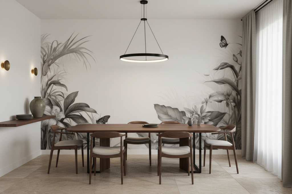 Papier peint tropical noir et blanc avec papillons et végétation luxuriante - Salle à manger