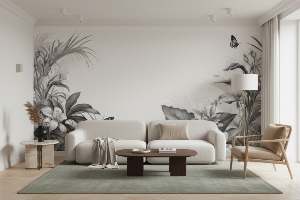 Papier peint tropical noir et blanc avec papillons et végétation luxuriante - Salon / Séjour