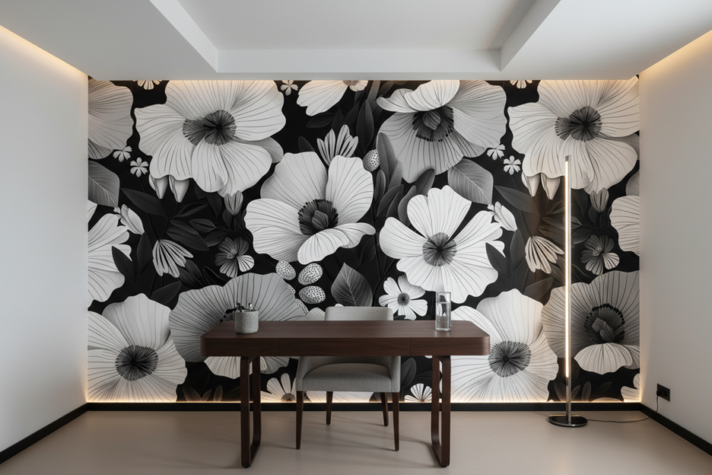 Papier peint tropical noir et blanc hibiscus grandes fleurs - Bureau