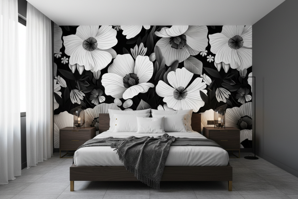 Papier peint tropical noir et blanc hibiscus grandes fleurs - Chambre adulte