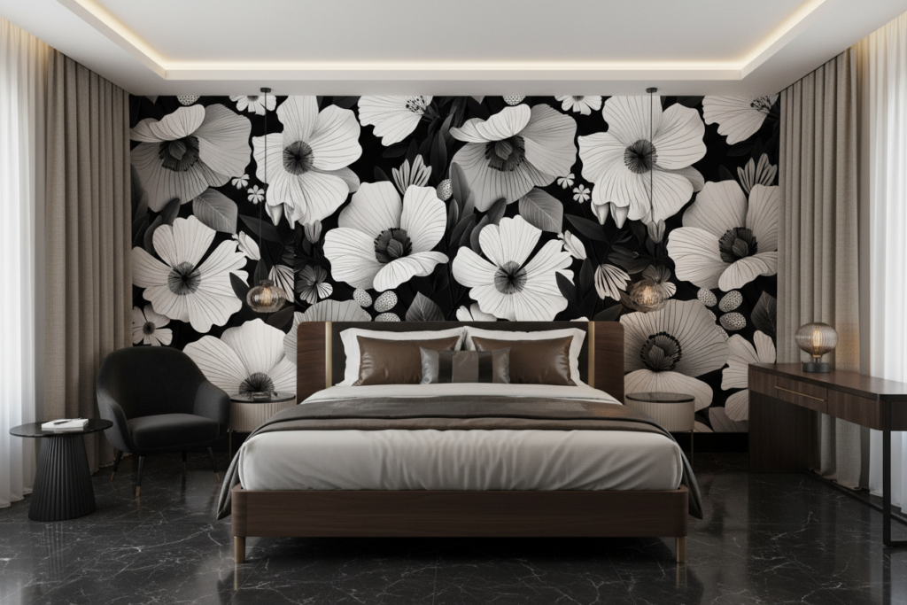 Papier peint tropical noir et blanc hibiscus grandes fleurs - Hôtel