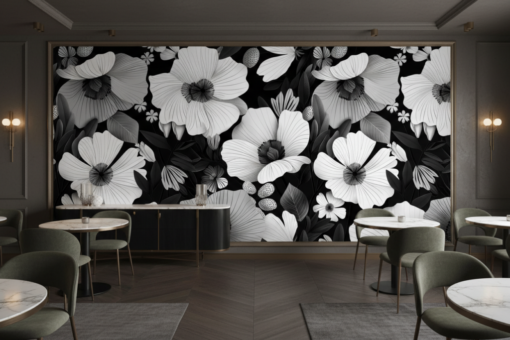 Papier peint tropical noir et blanc hibiscus grandes fleurs - Restaurant