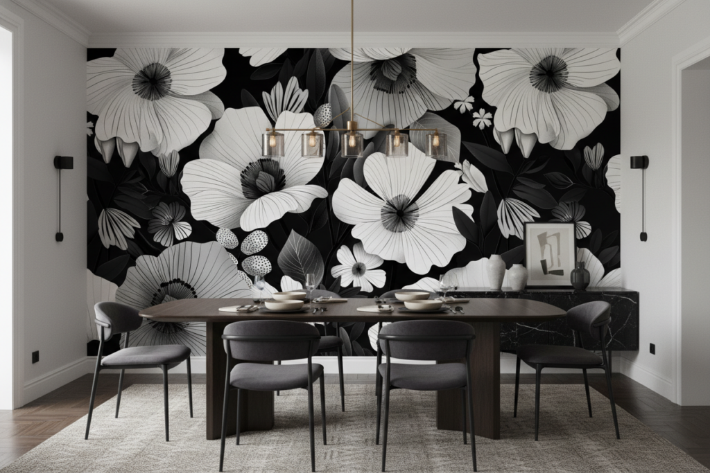 Papier peint tropical noir et blanc hibiscus grandes fleurs - Salle à manger