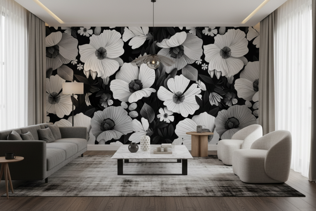 Papier peint tropical noir et blanc hibiscus grandes fleurs - Salon / Séjour
