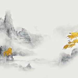 Papier peint paysage asiatique montagnes dorées style aquarelle zen