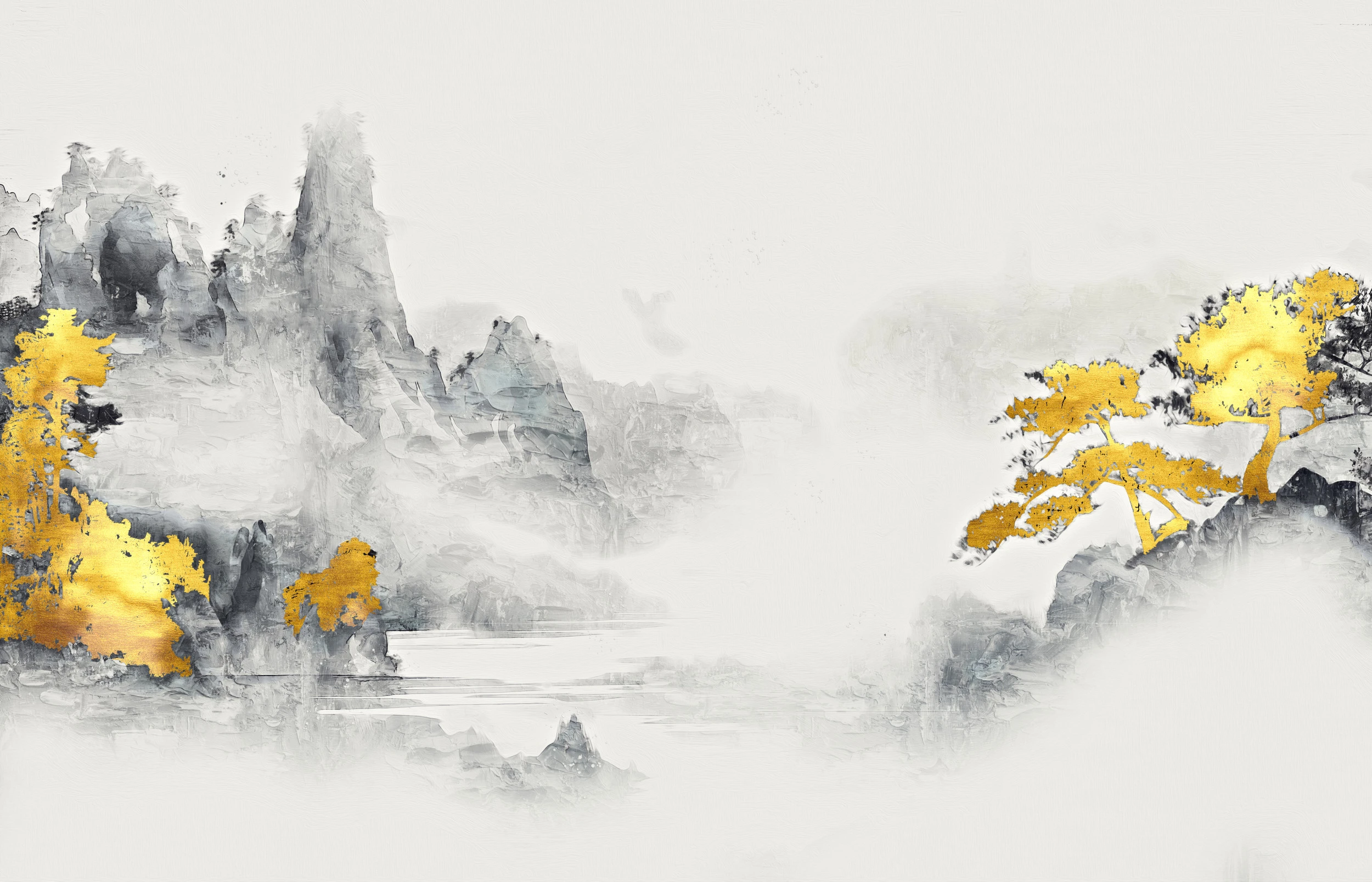 Papier peint paysage asiatique montagnes dorées style aquarelle zen
