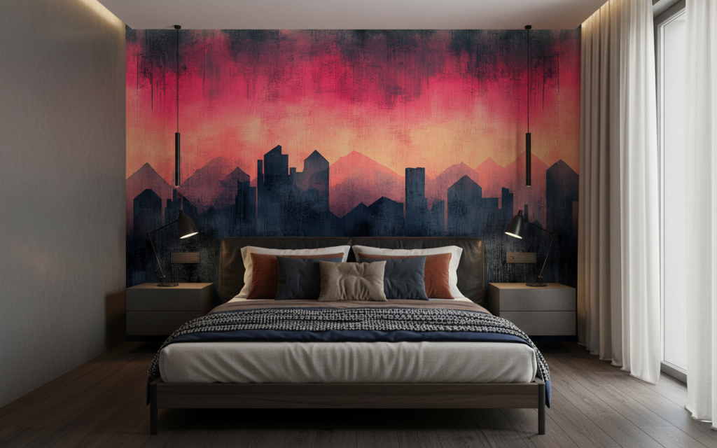 Papier Peint Urbain Coucher de Soleil Cityscape Moderne - Chambre adulte