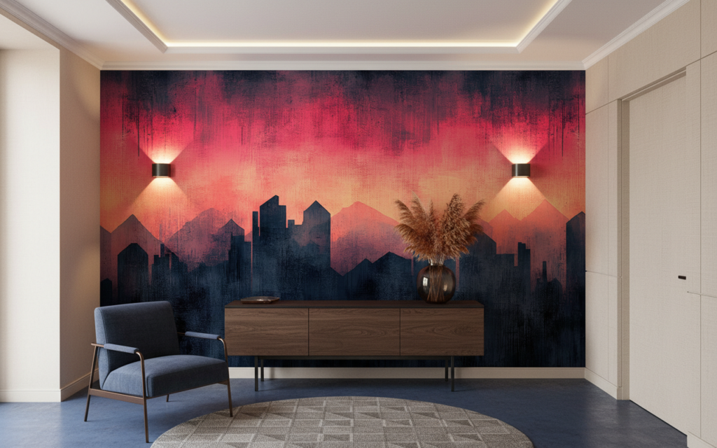 Papier Peint Urbain Coucher de Soleil Cityscape Moderne - Entrée