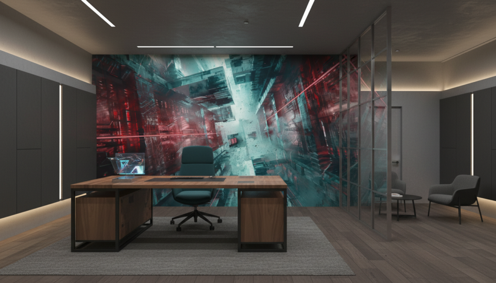 Papier Peint Urbain Futuriste aux Reflets Rouges et Turquoise - Bureau