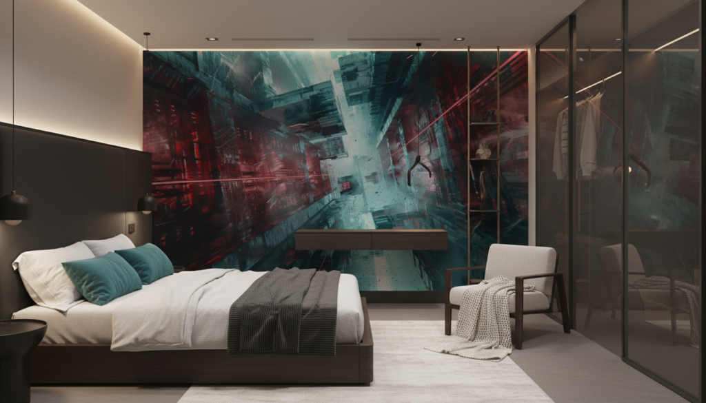 Papier Peint Urbain Futuriste aux Reflets Rouges et Turquoise - Chambre adulte