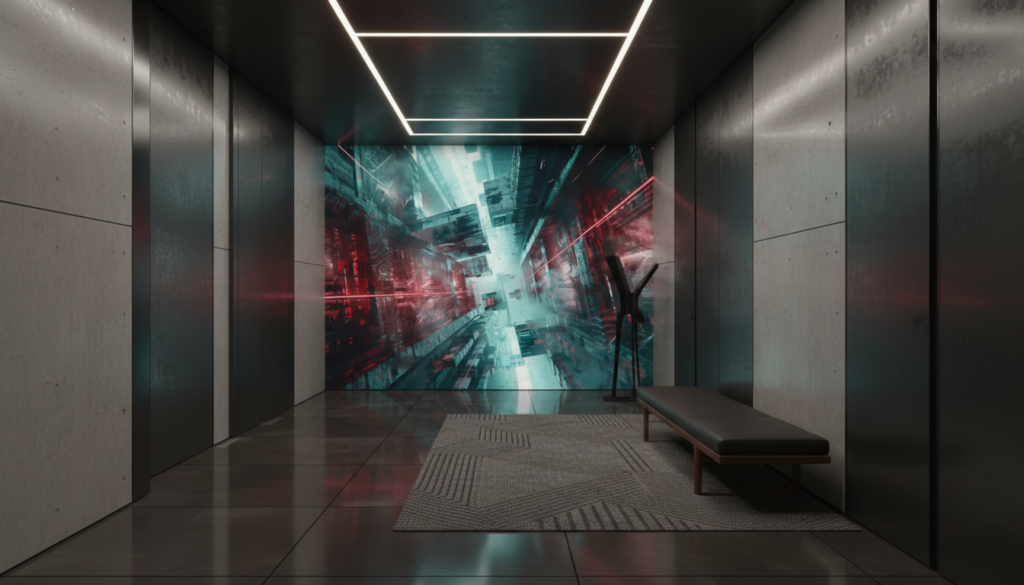 Papier Peint Urbain Futuriste aux Reflets Rouges et Turquoise - Couloir