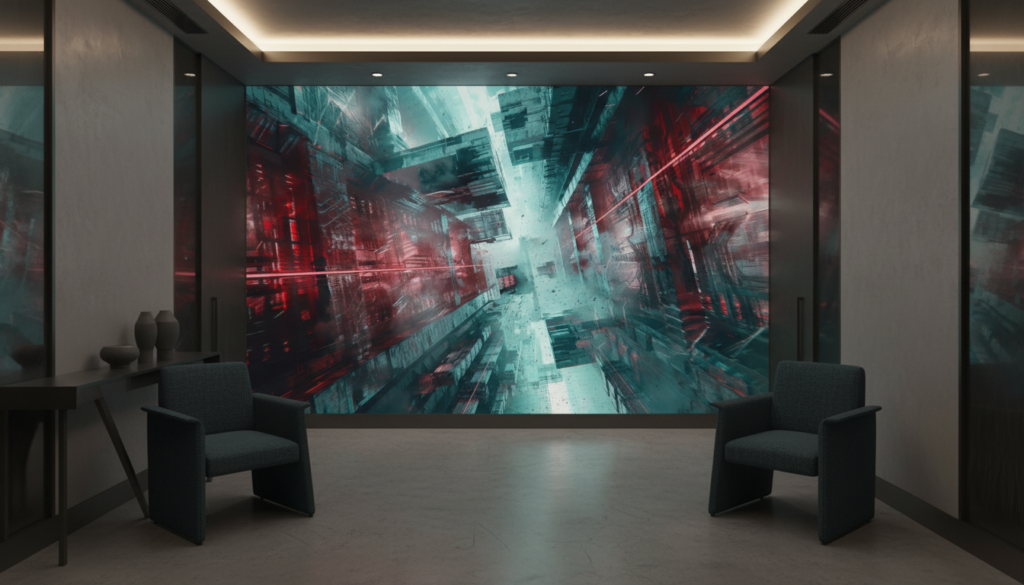 Papier Peint Urbain Futuriste aux Reflets Rouges et Turquoise - Entrée