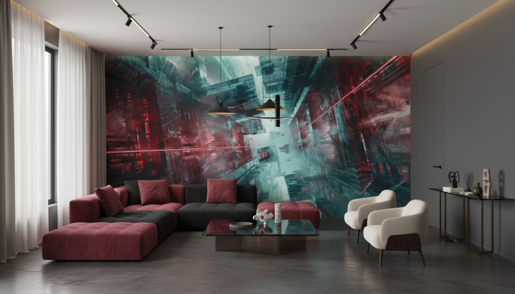 Papier Peint Urbain Futuriste aux Reflets Rouges et Turquoise - Salon / Séjour