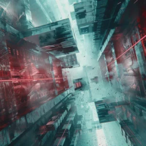 Papier Peint Urbain Futuriste aux Reflets Rouges et Turquoise