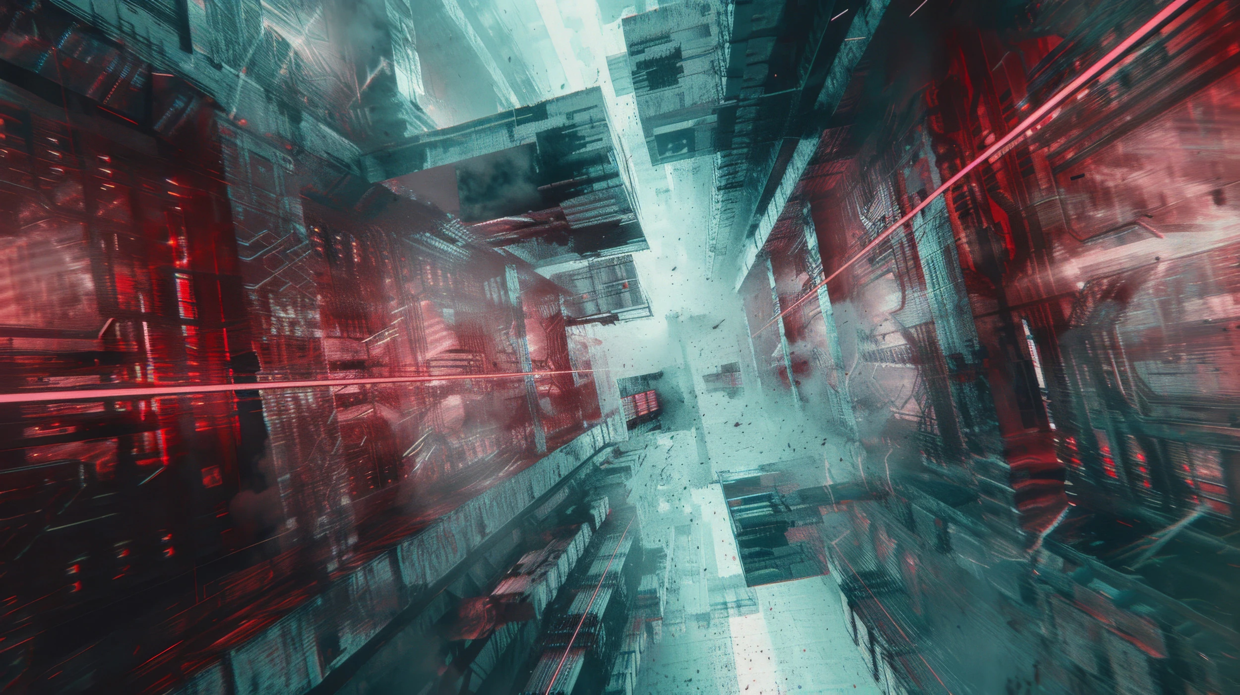 Papier Peint Urbain Futuriste aux Reflets Rouges et Turquoise