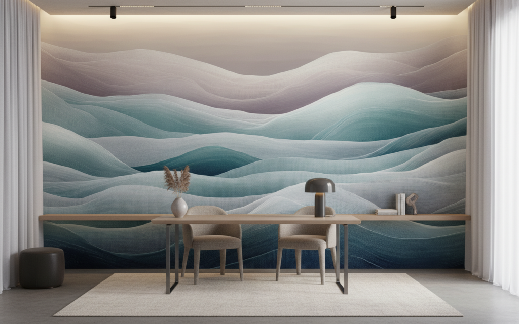 Papier Peint Vagues Abstraites Dégradé Bleu Gris Moderne - Bureau