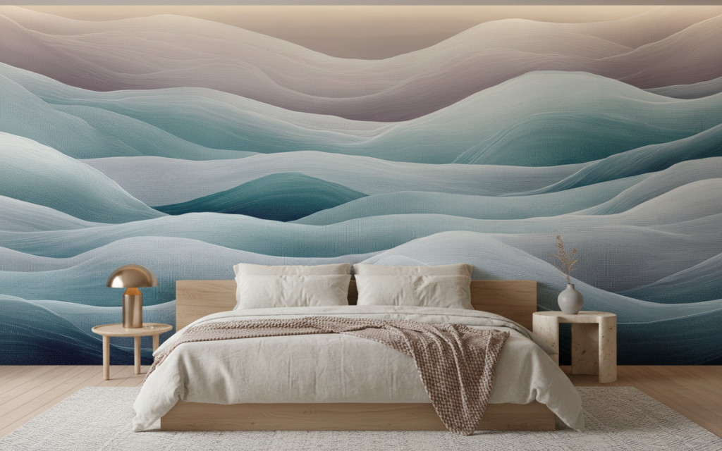 Papier Peint Vagues Abstraites Dégradé Bleu Gris Moderne - Chambre adulte