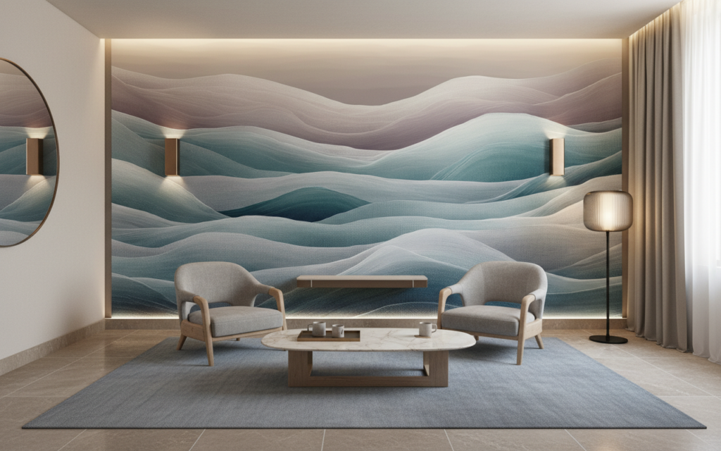 Papier Peint Vagues Abstraites Dégradé Bleu Gris Moderne - Hôtel