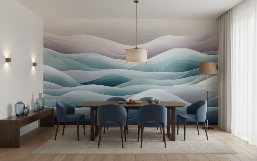 Papier Peint Vagues Abstraites Dégradé Bleu Gris Moderne - Salle à manger