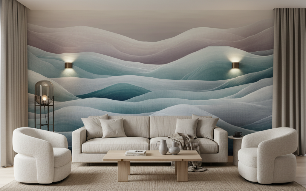 Papier Peint Vagues Abstraites Dégradé Bleu Gris Moderne - Salon / Séjour