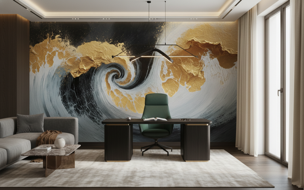 Papier Peint Vagues Dorées Spirale Marine Luxueuse Moderne - Bureau