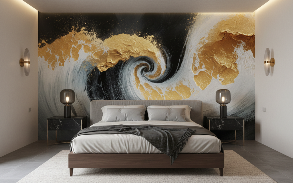 Papier Peint Vagues Dorées Spirale Marine Luxueuse Moderne - Chambre adulte
