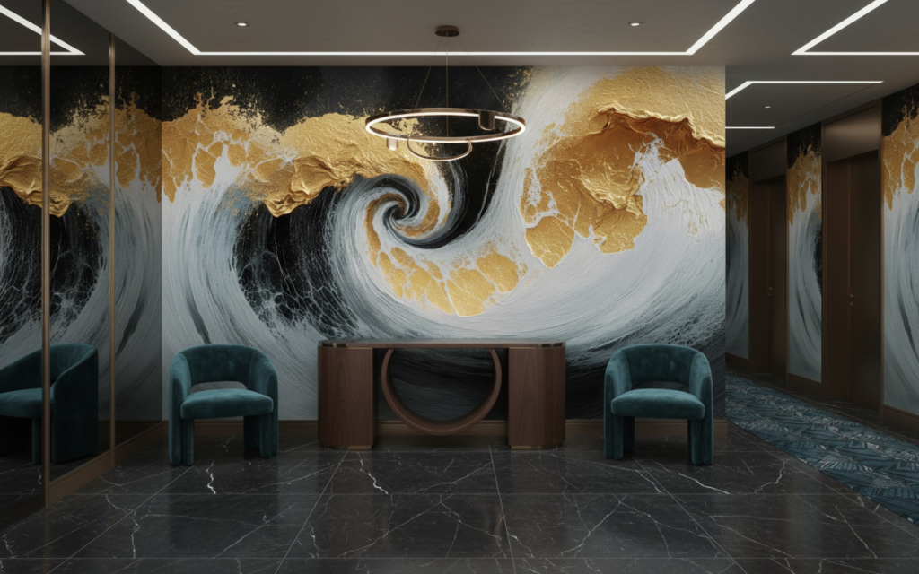 Papier Peint Vagues Dorées Spirale Marine Luxueuse Moderne - Entrée