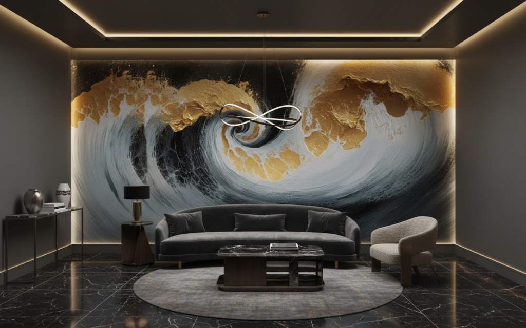 Papier Peint Vagues Dorées Spirale Marine Luxueuse Moderne - Hôtel