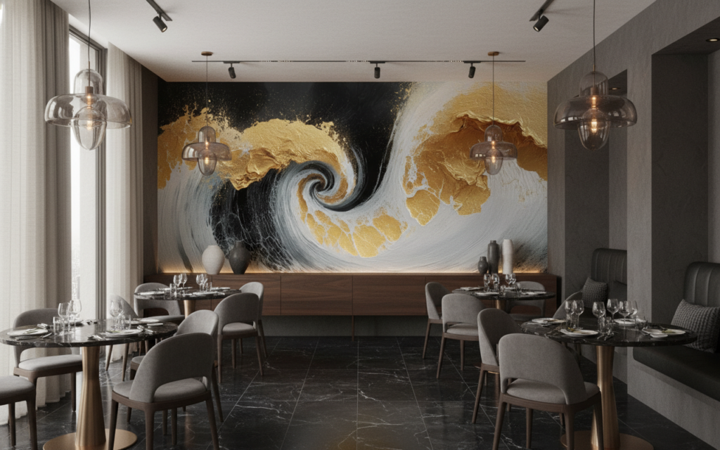 Papier Peint Vagues Dorées Spirale Marine Luxueuse Moderne - Restaurant