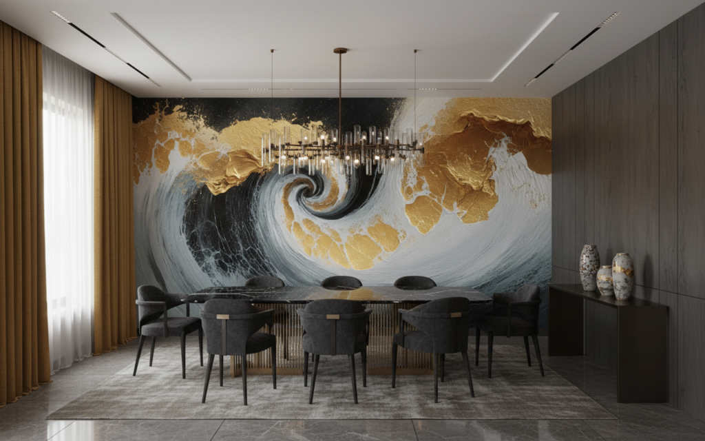 Papier Peint Vagues Dorées Spirale Marine Luxueuse Moderne - Salle à manger