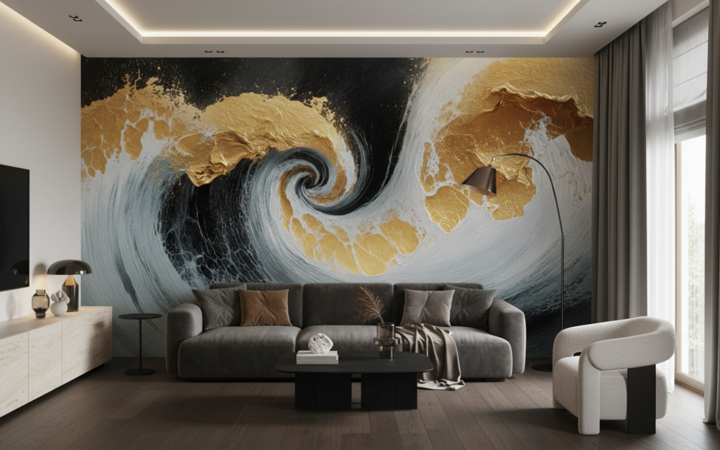 Papier Peint Vagues Dorées Spirale Marine Luxueuse Moderne - Salon / Séjour