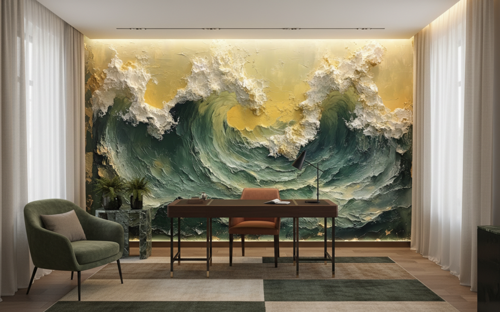 Papier Peint Vagues Océan Tempête Effet Peinture Épaisse Dorée - Bureau