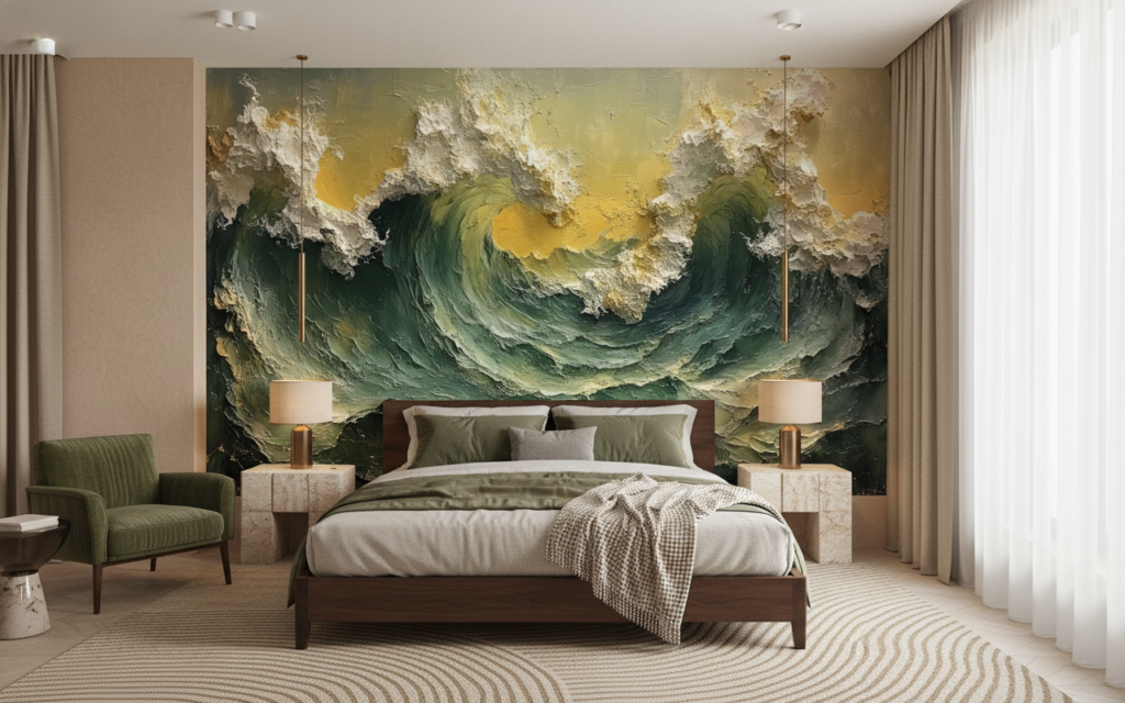 Papier Peint Vagues Océan Tempête Effet Peinture Épaisse Dorée - Chambre adulte