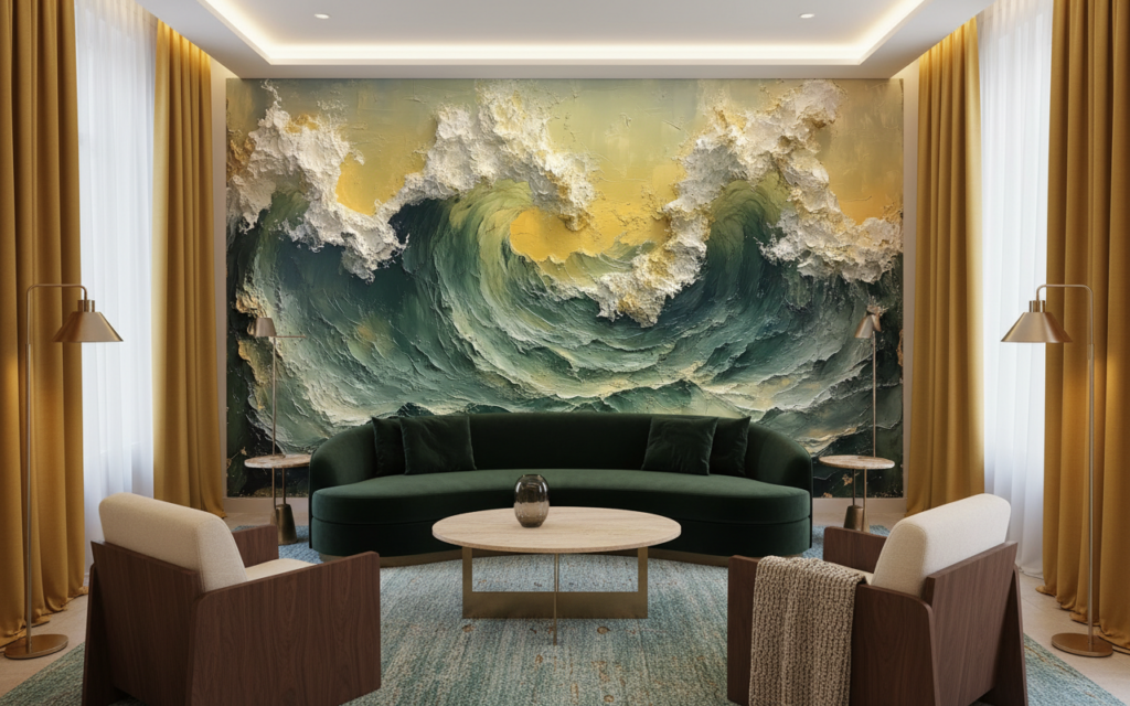 Papier Peint Vagues Océan Tempête Effet Peinture Épaisse Dorée - Hôtel