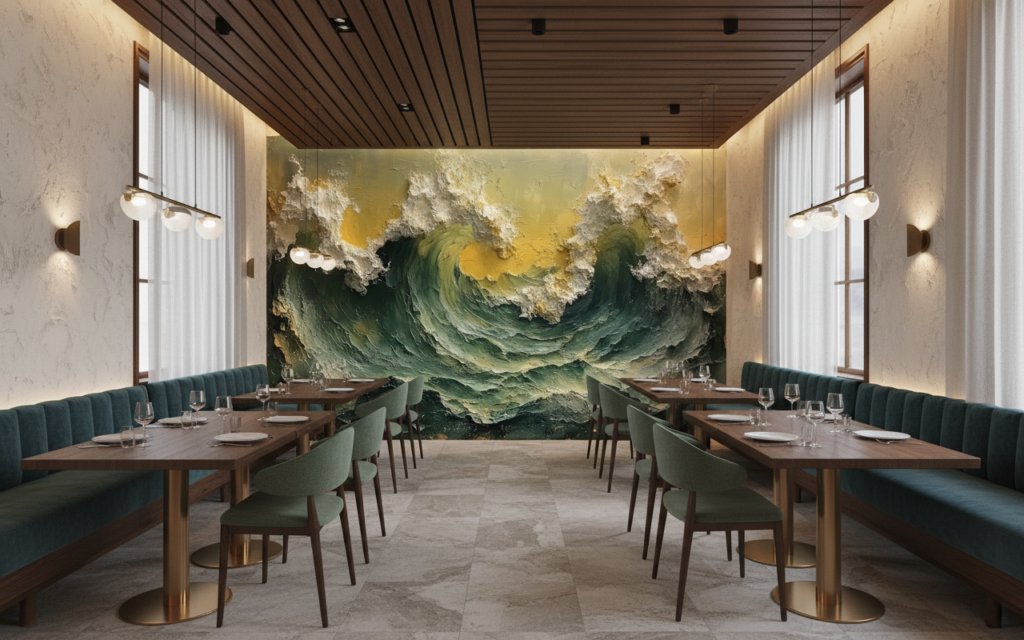 Papier Peint Vagues Océan Tempête Effet Peinture Épaisse Dorée - Restaurant