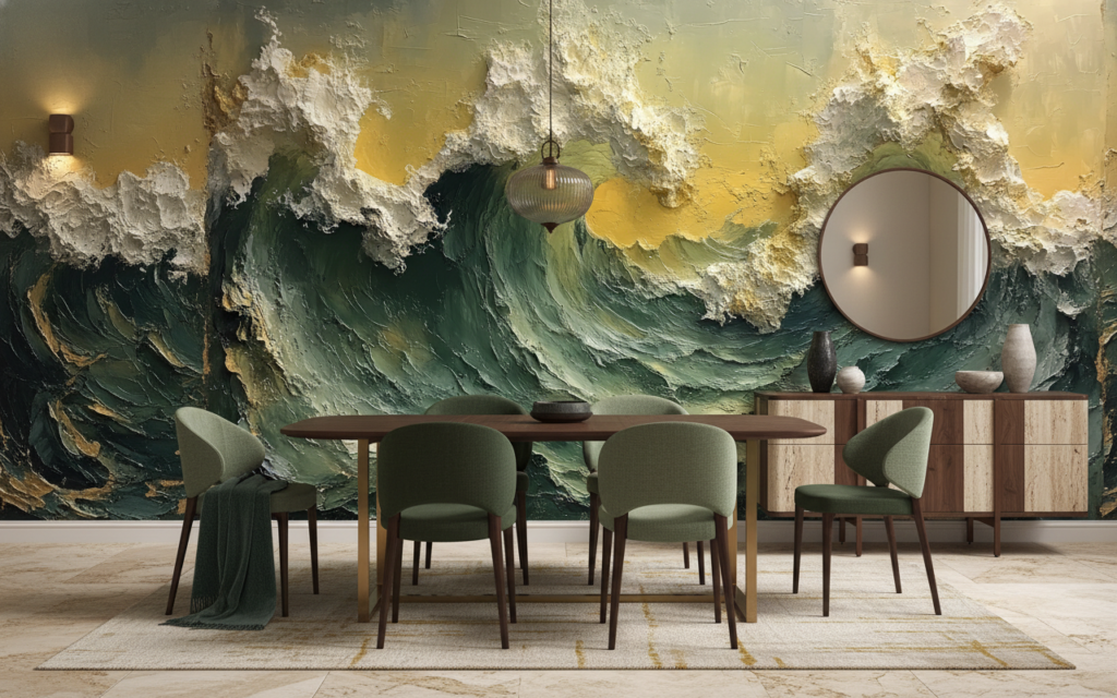 Papier Peint Vagues Océan Tempête Effet Peinture Épaisse Dorée - Salle à manger
