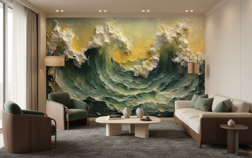 Papier Peint Vagues Océan Tempête Effet Peinture Épaisse Dorée - Salon / Séjour